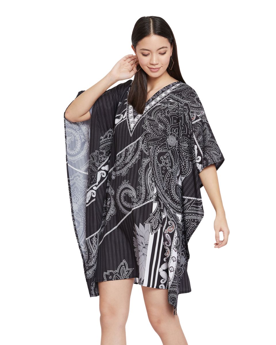 Floral Printed Black Polyester Short Caftan Tunic for Plus Size Women