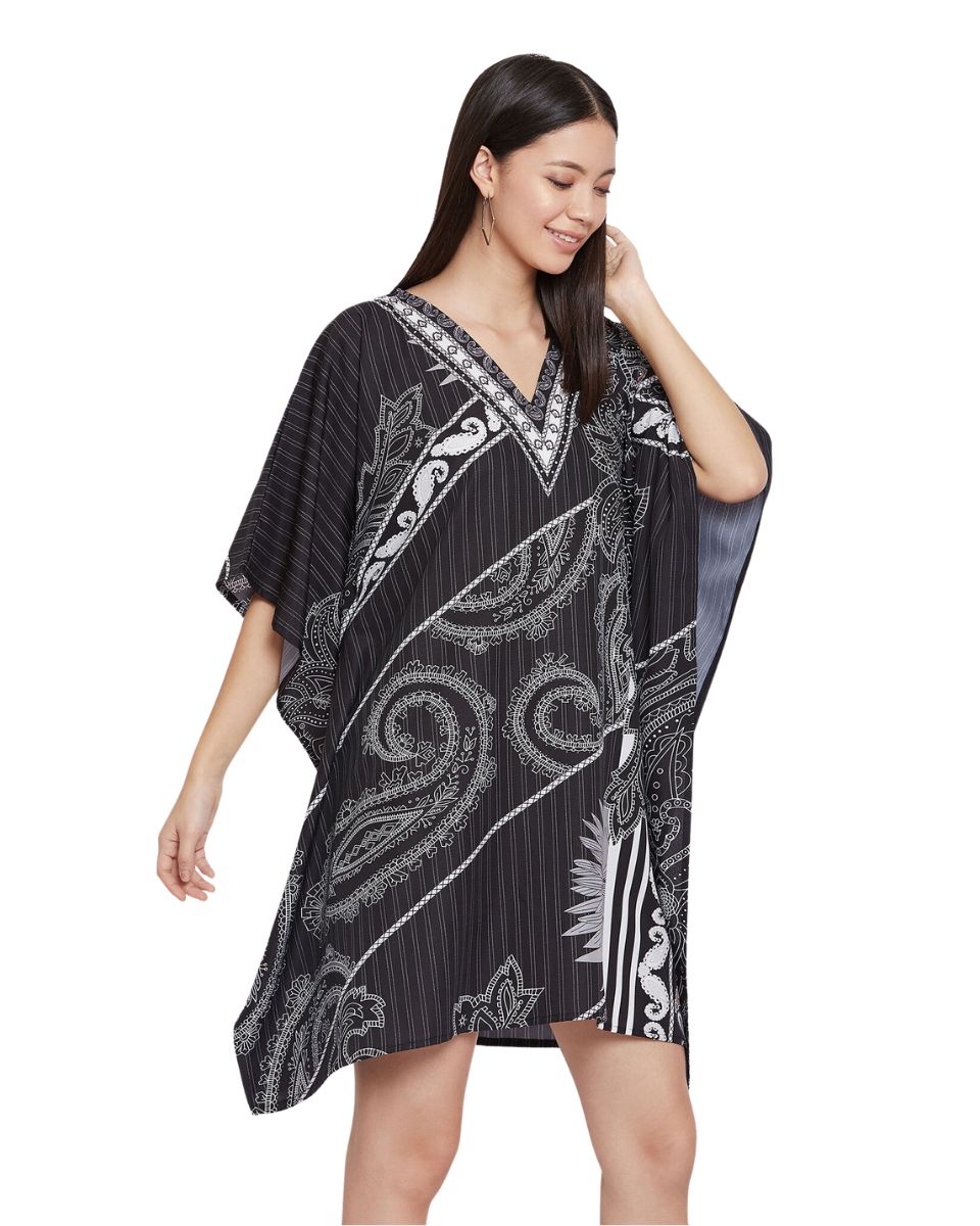 Floral Printed Black Polyester Short Caftan Tunic for Plus Size Women