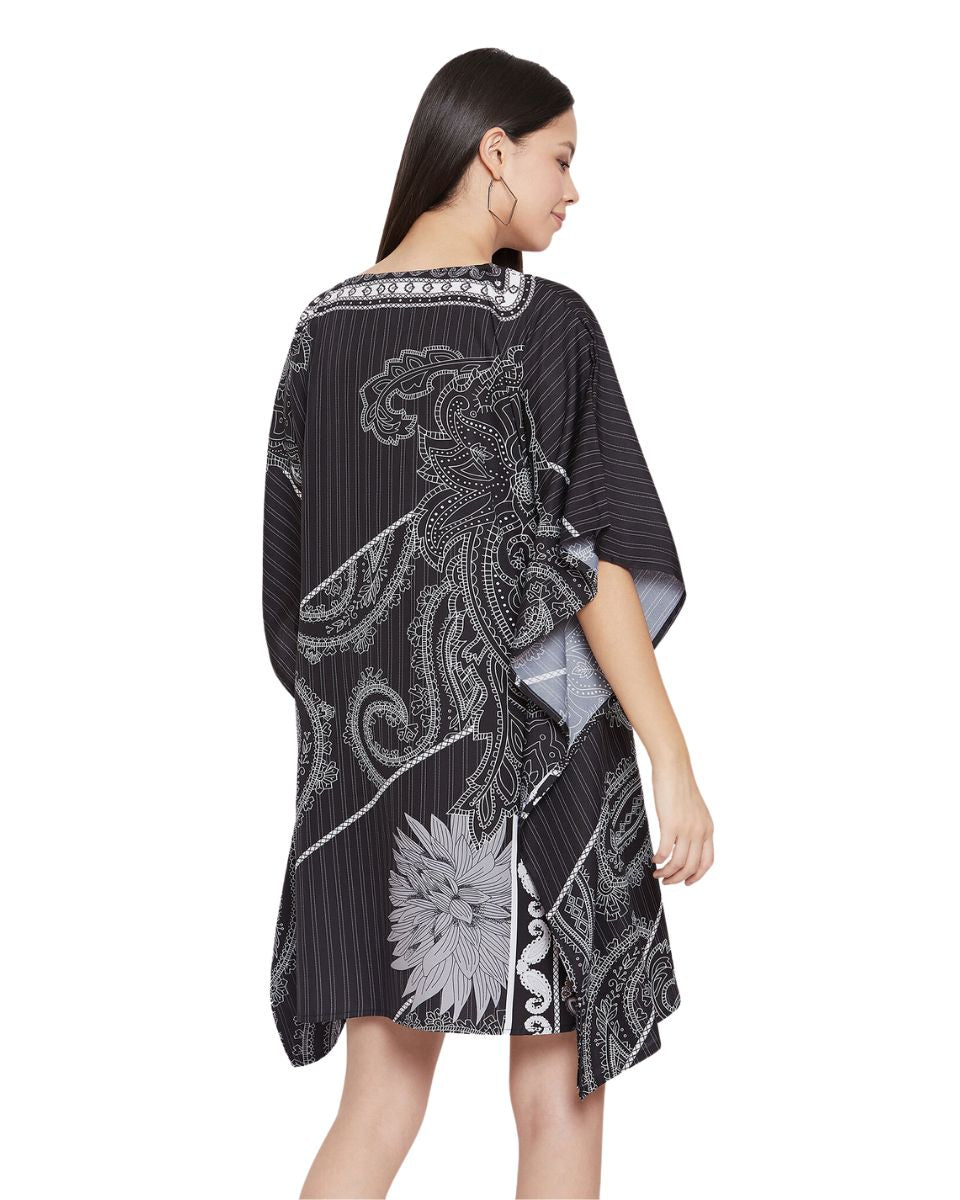 Floral Printed Black Polyester Short Caftan Tunic for Plus Size Women