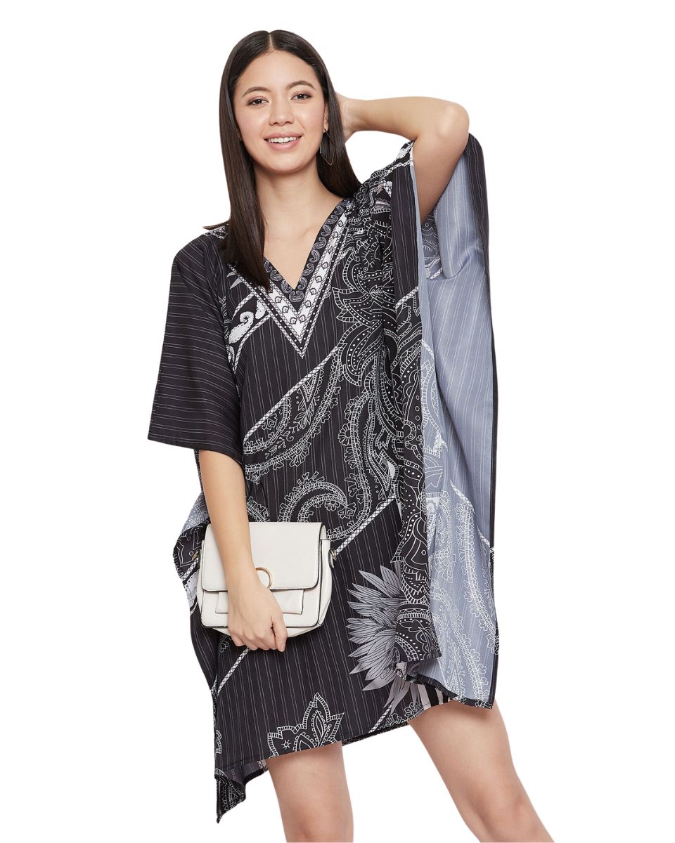 Floral Printed Black Polyester Short Caftan Tunic for Plus Size Women