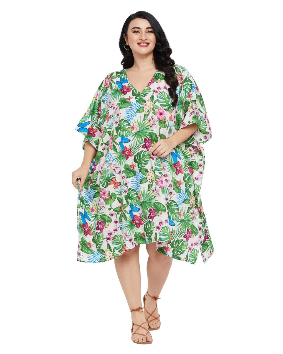 Leaf Printed Green Polyester Tunic Top For Plus Size Women