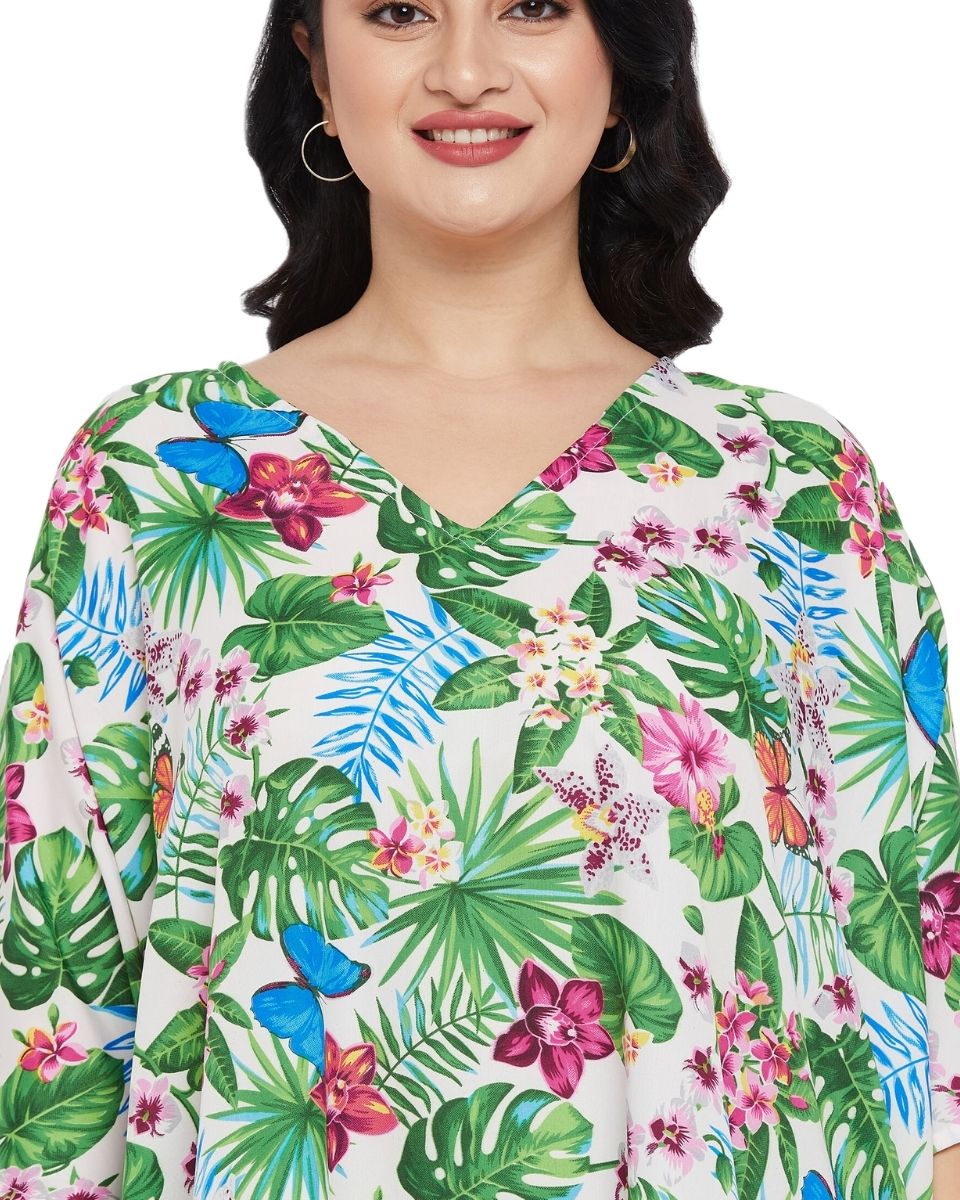 Leaf Printed Green Polyester Tunic Top For Plus Size Women