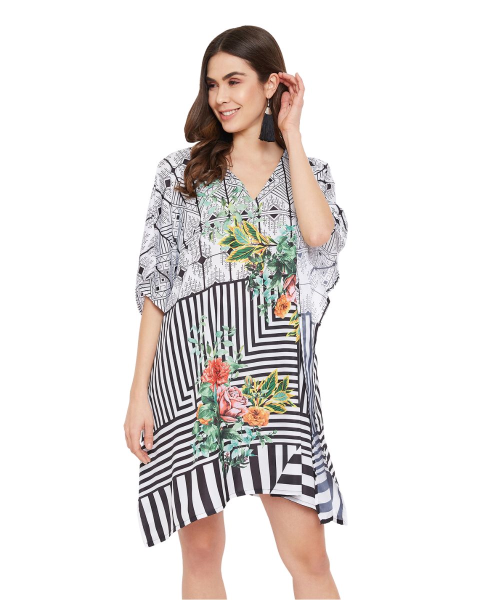 Floral Printed Black Polyester Tunic Top For Plus Size Women