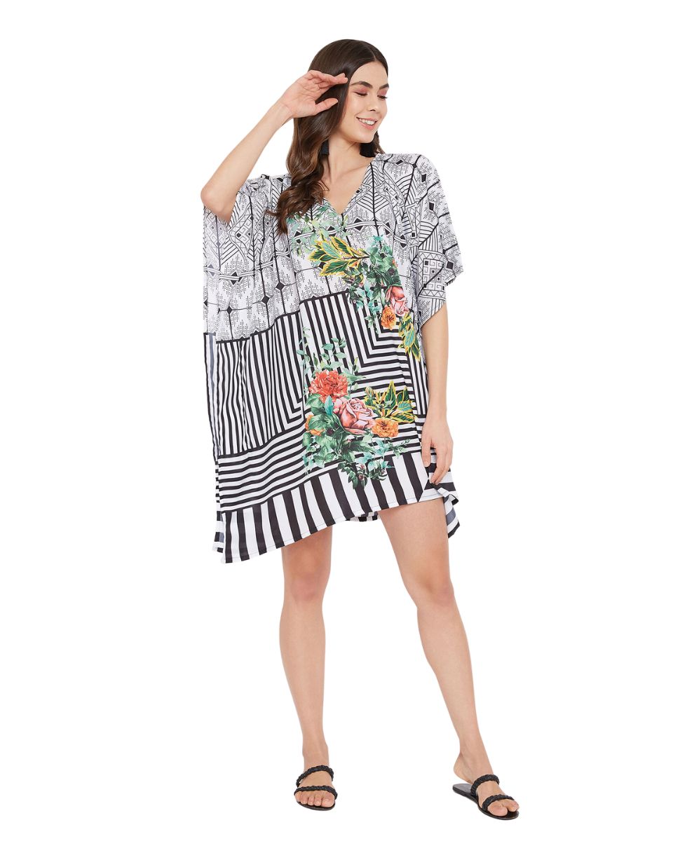 Floral Printed Black Polyester Tunic Top For Plus Size Women