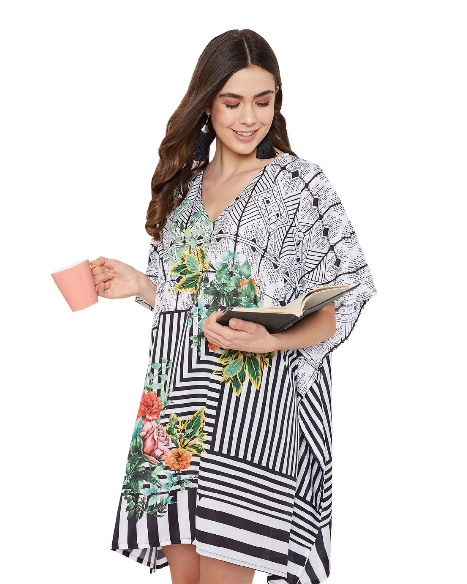Floral Printed Black Polyester Tunic Top For Plus Size Women