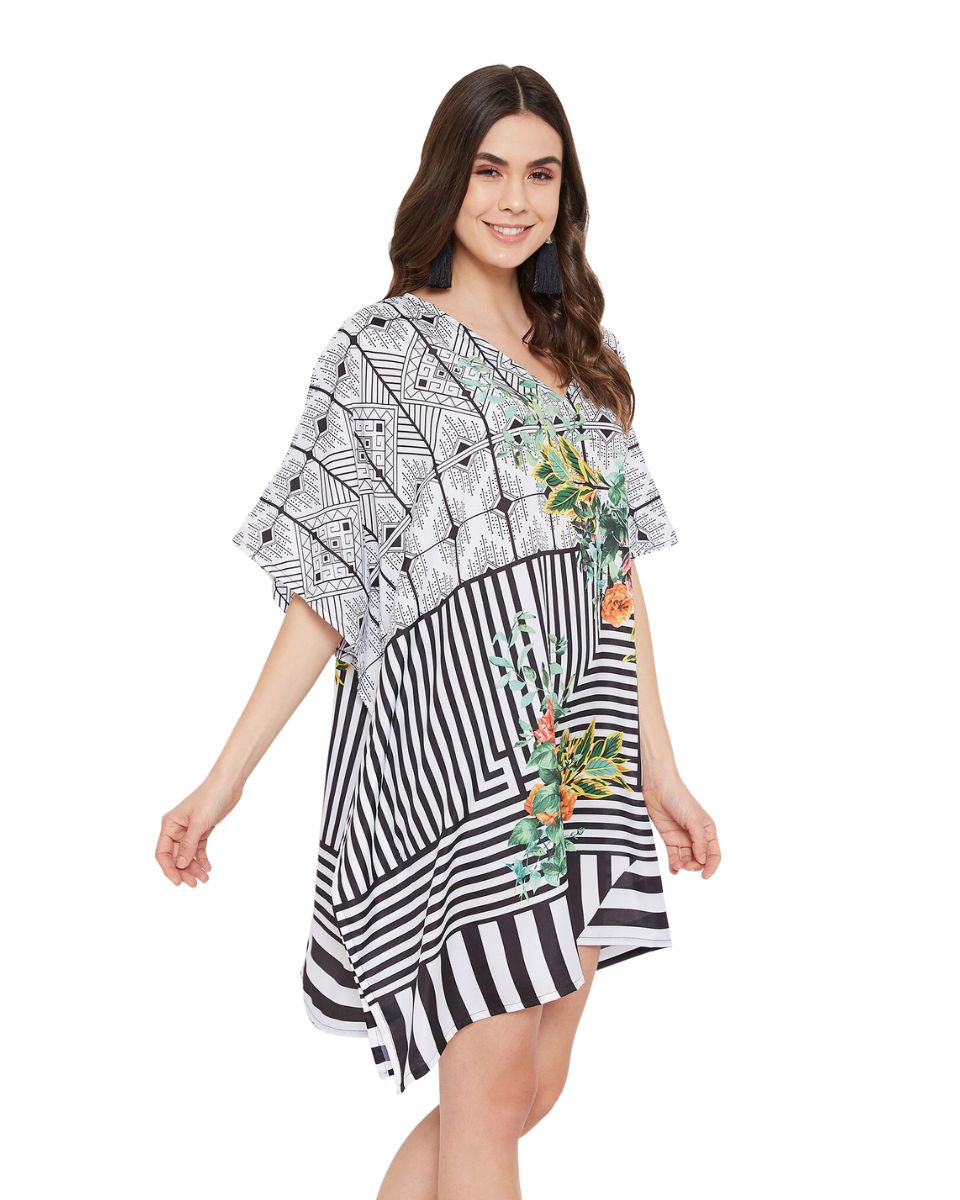 Floral Printed Black Polyester Tunic Top For Plus Size Women