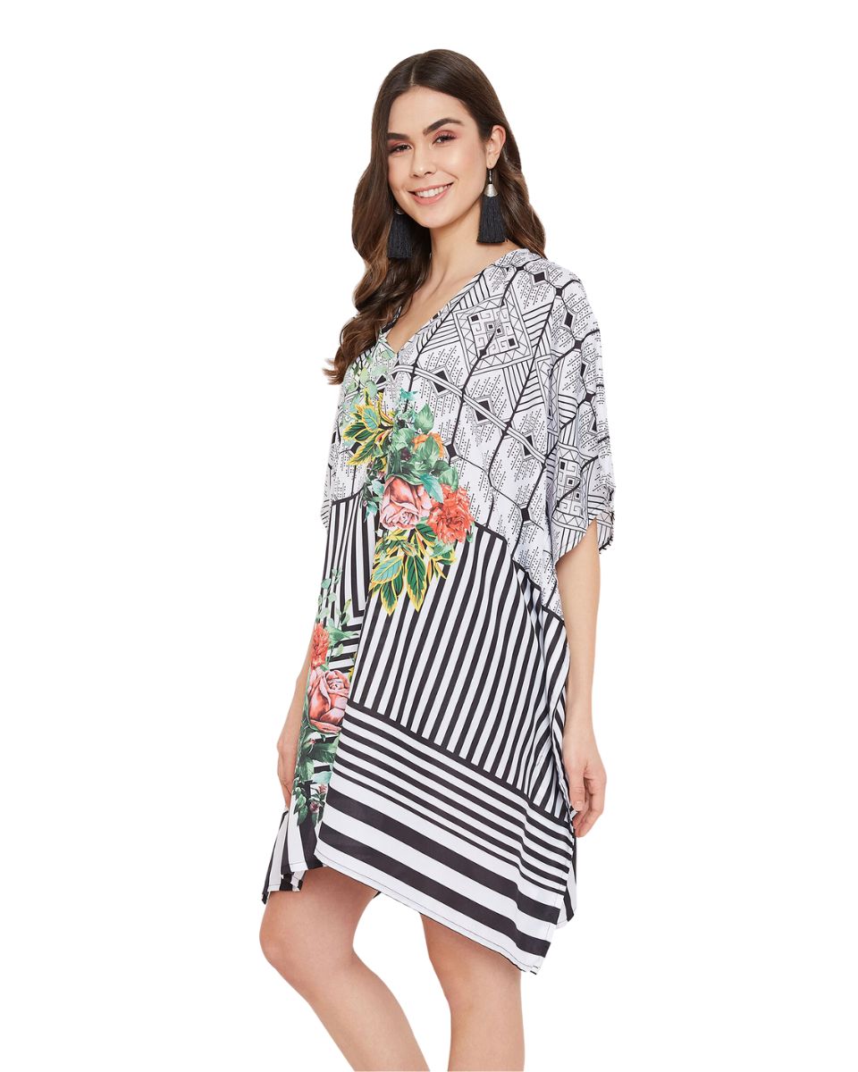 Floral Printed Black Polyester Tunic Top For Plus Size Women