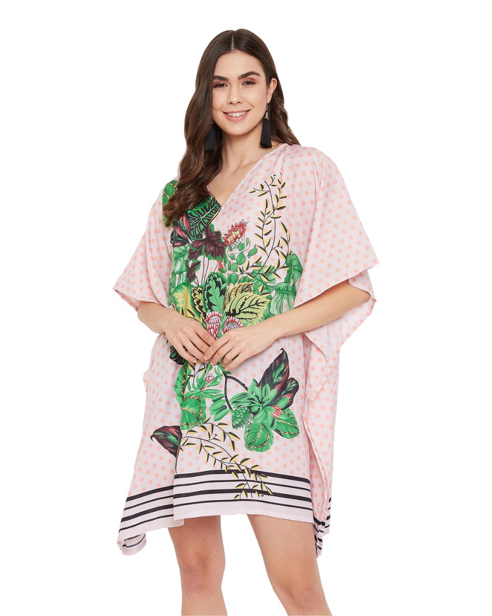 Leaf Printed Pink Polyester Tunic Top Dress For Plus Size Women