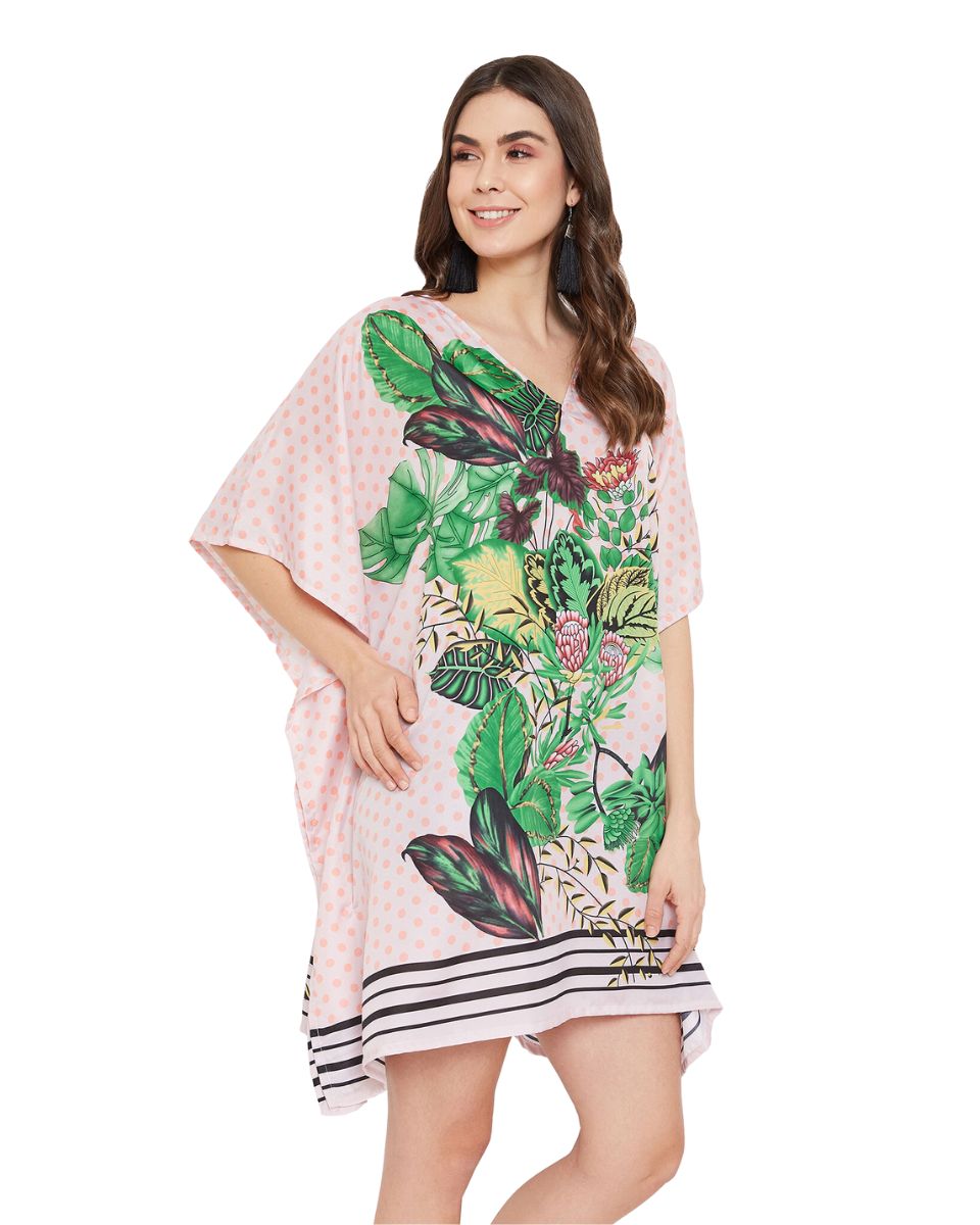 Leaf Printed Pink Polyester Tunic Top Dress For Plus Size Women