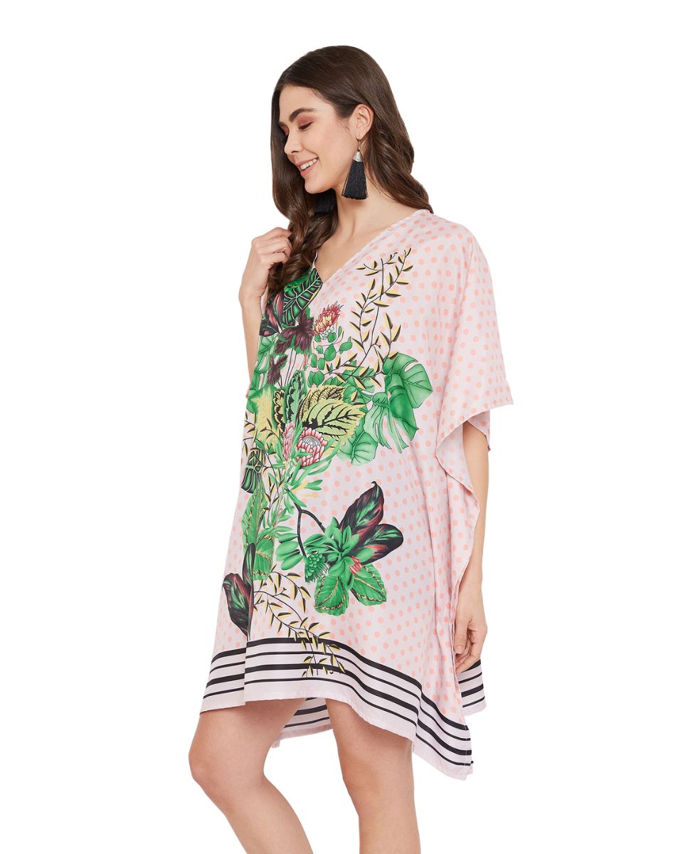 Leaf Printed Pink Polyester Tunic Top Dress For Plus Size Women