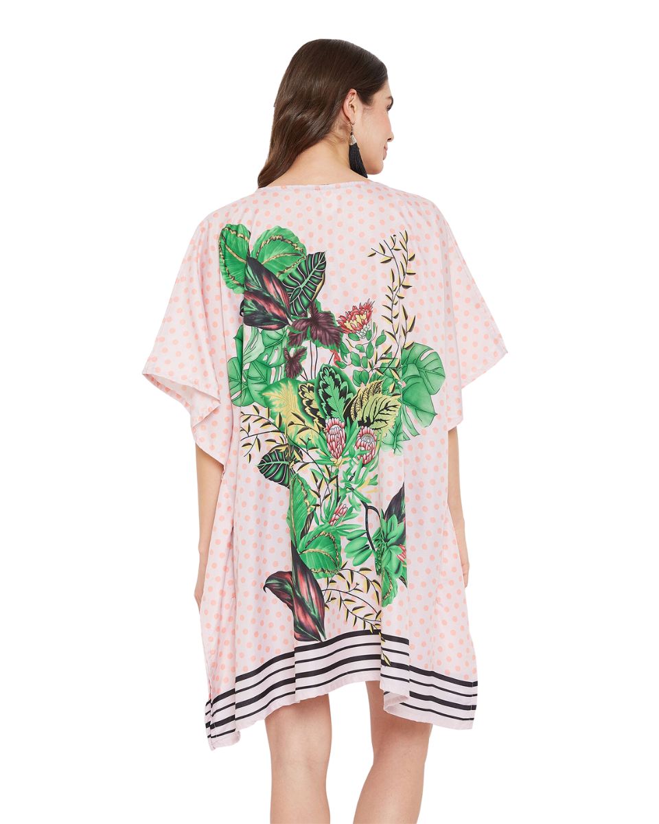 Leaf Printed Pink Polyester Tunic Top Dress For Plus Size Women