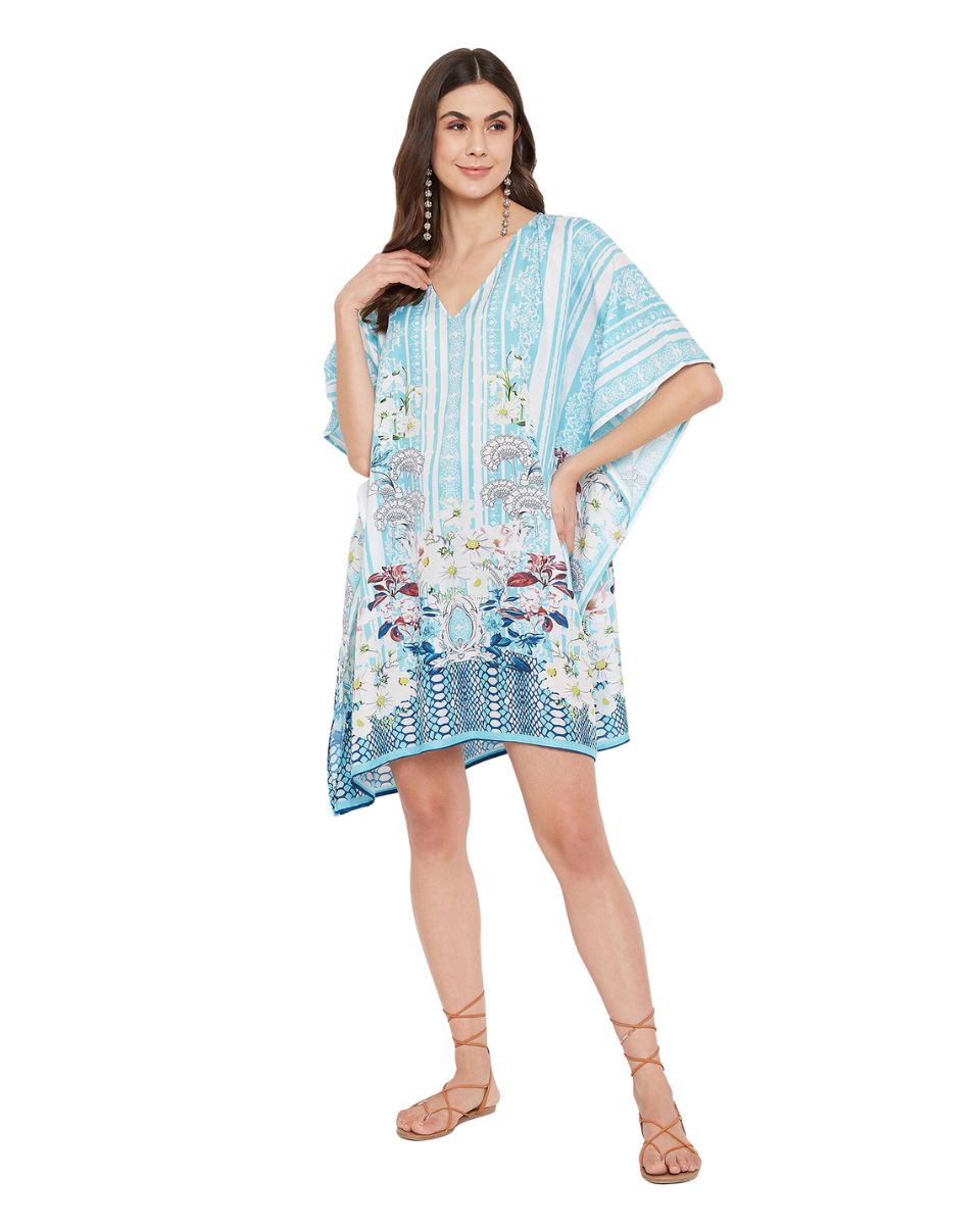 Floral Printed Turquoise Polyester Plus Size Tunic Top For Women