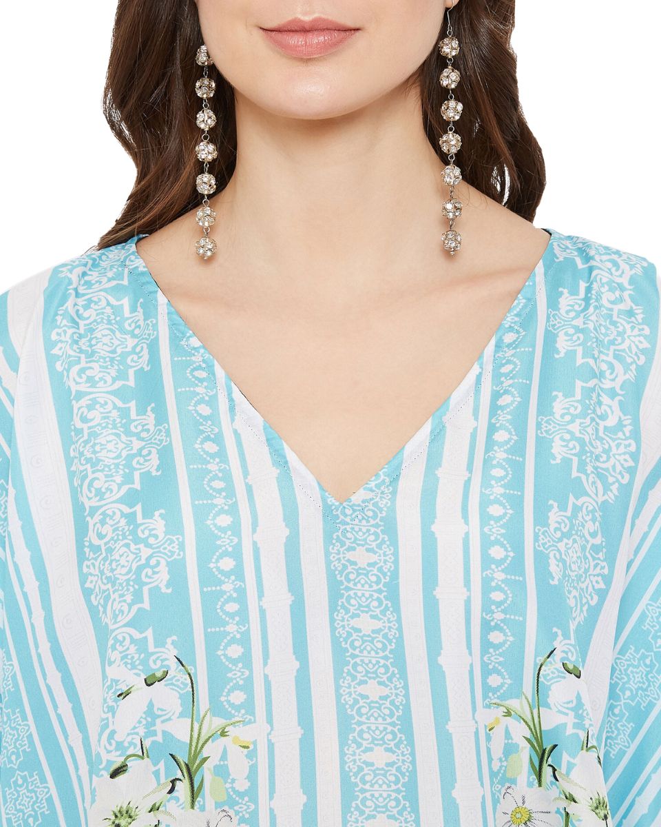 Floral Printed Turquoise Polyester Plus Size Tunic Top For Women