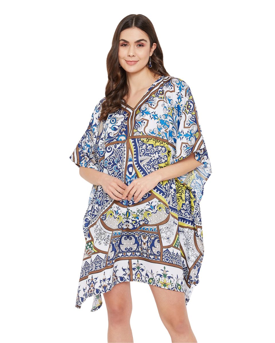 Floral Printed Navy Blue Polyester Plus Size Tunic Top For Women