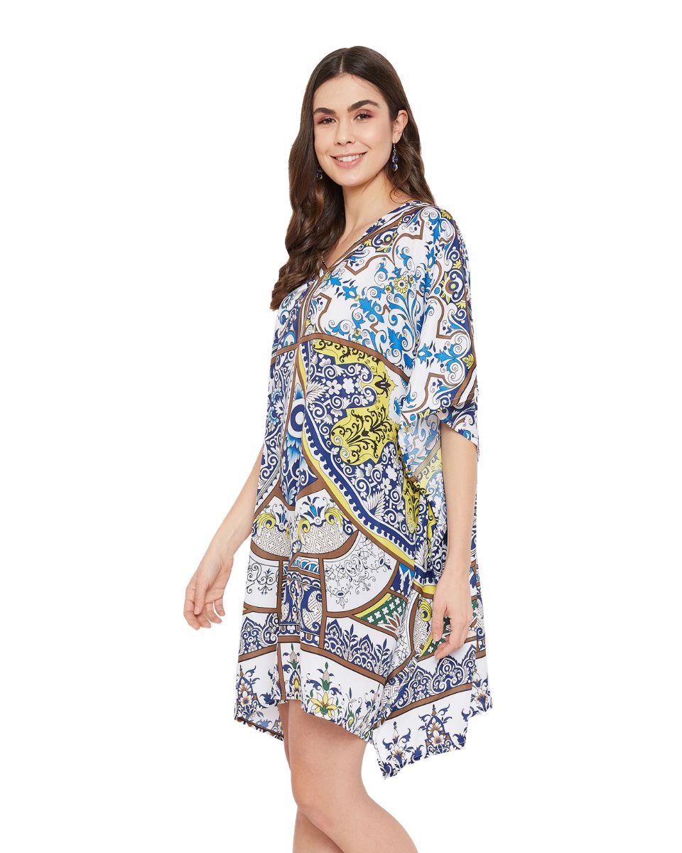 Floral Printed Navy Blue Polyester Plus Size Tunic Top For Women