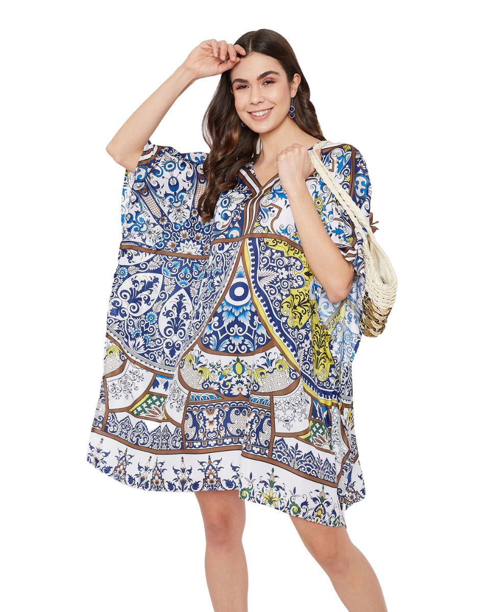 Floral Printed Navy Blue Polyester Plus Size Tunic Top For Women