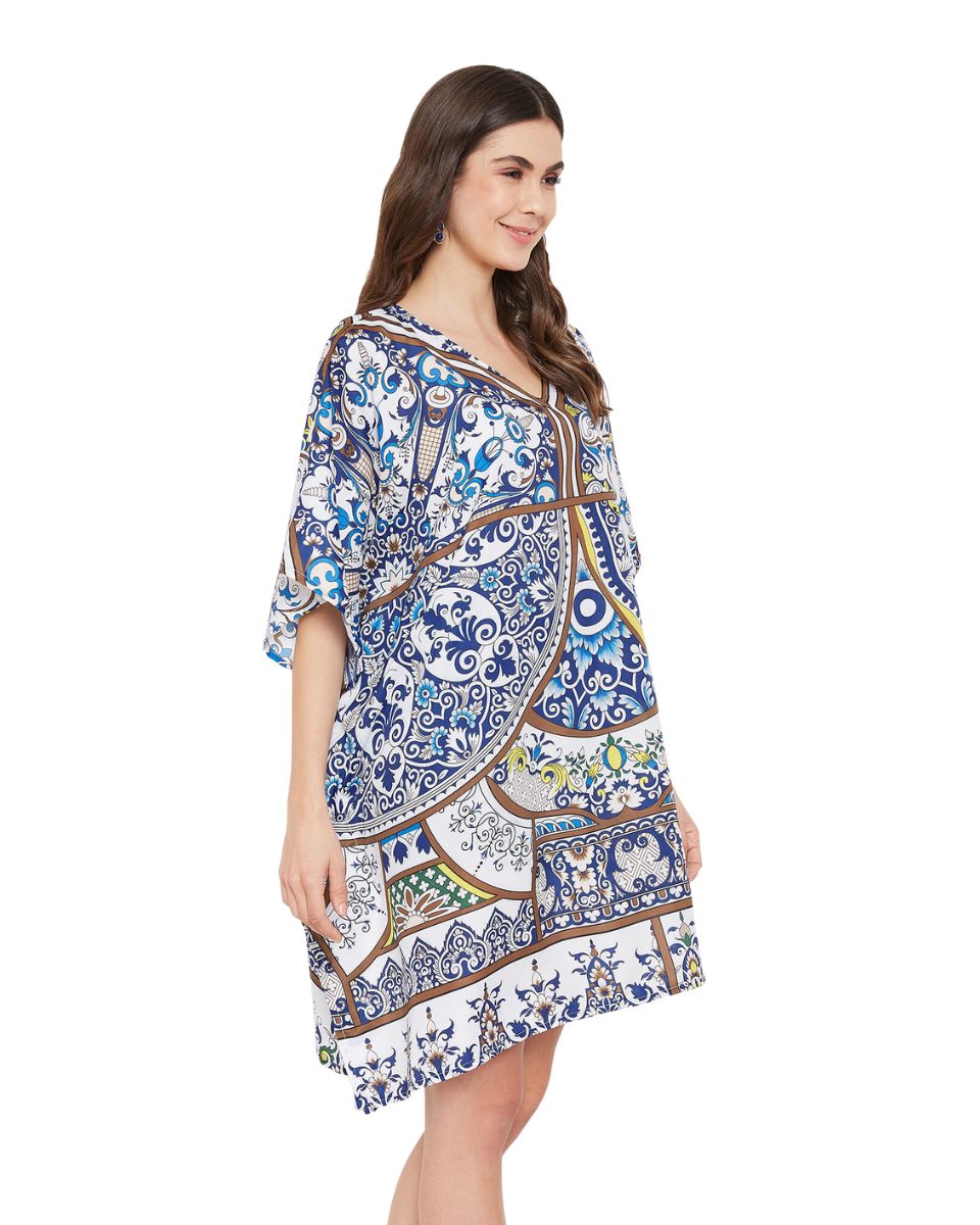Floral Printed Navy Blue Polyester Plus Size Tunic Top For Women