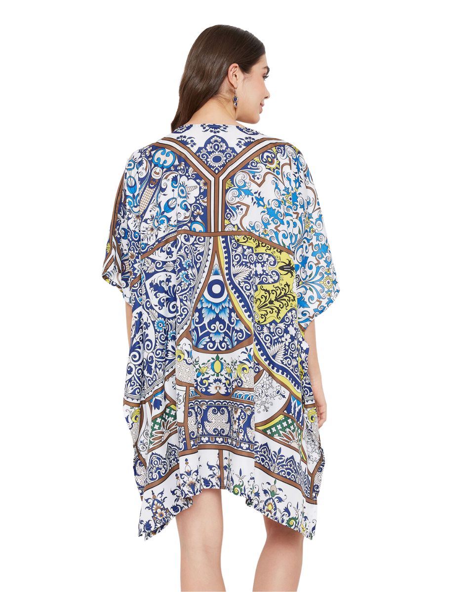 Floral Printed Navy Blue Polyester Plus Size Tunic Top For Women