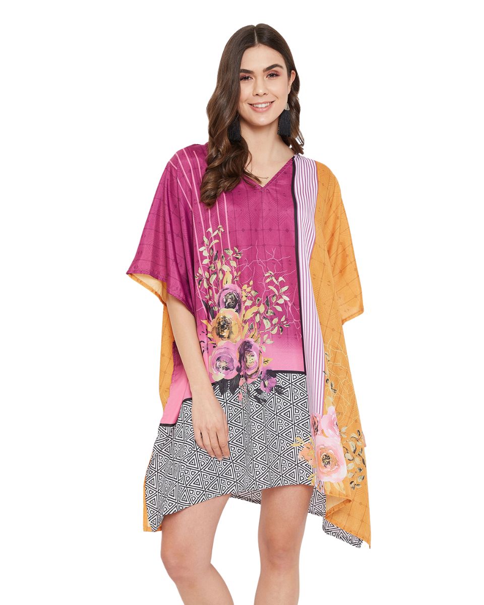 Floral Printed Pink Polyester Tunic Plus Size Top For Women