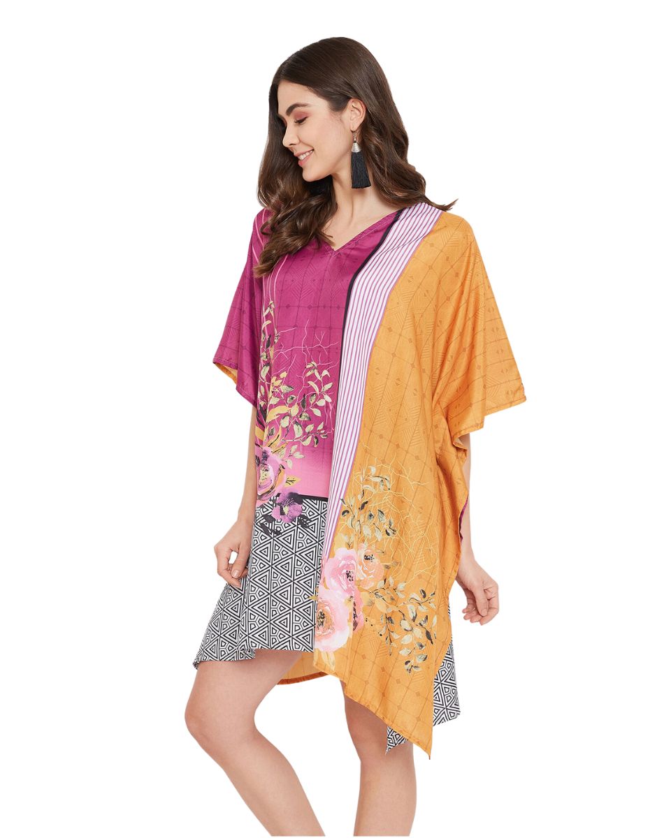 Floral Printed Pink Polyester Tunic Plus Size Top For Women