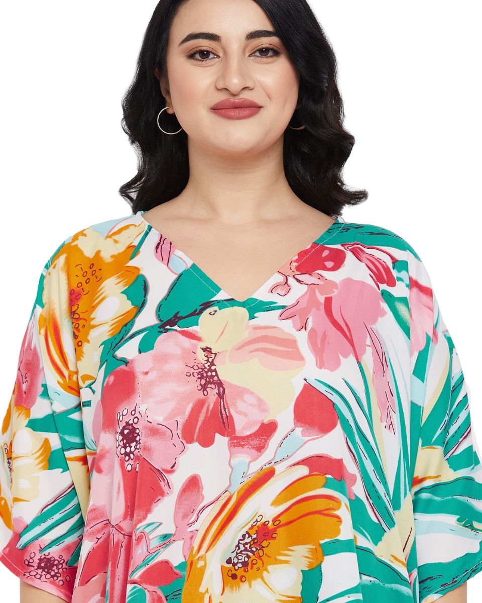Floral Printed Multicolor Polyester Plus Size Tunic Top For Women