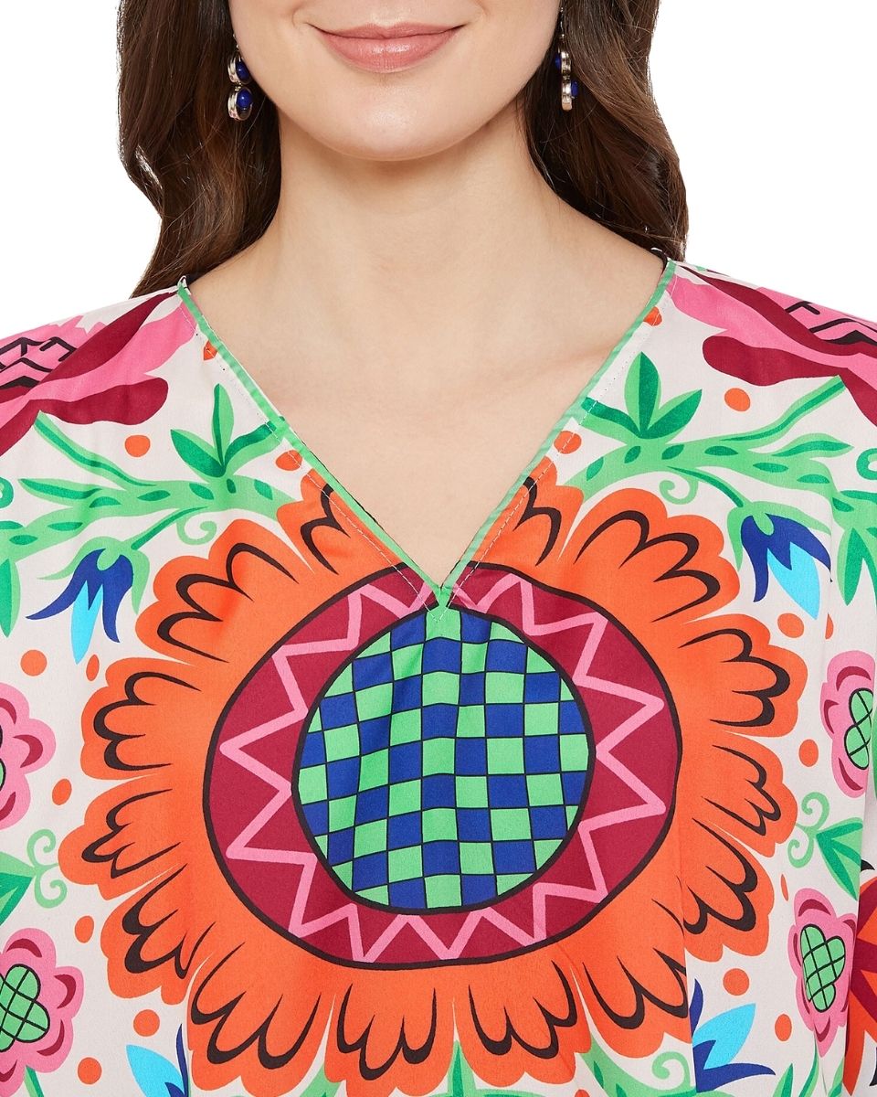 Floral Printed Multicolor Polyester Tunic Top For Plus Size Women