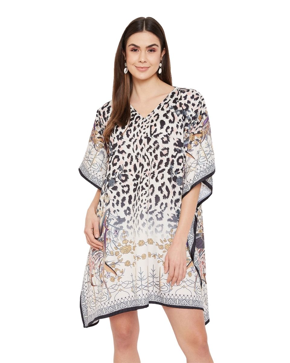 Animal And Floral Printed Black And White Polyester Tunic Top For Plus Size Women