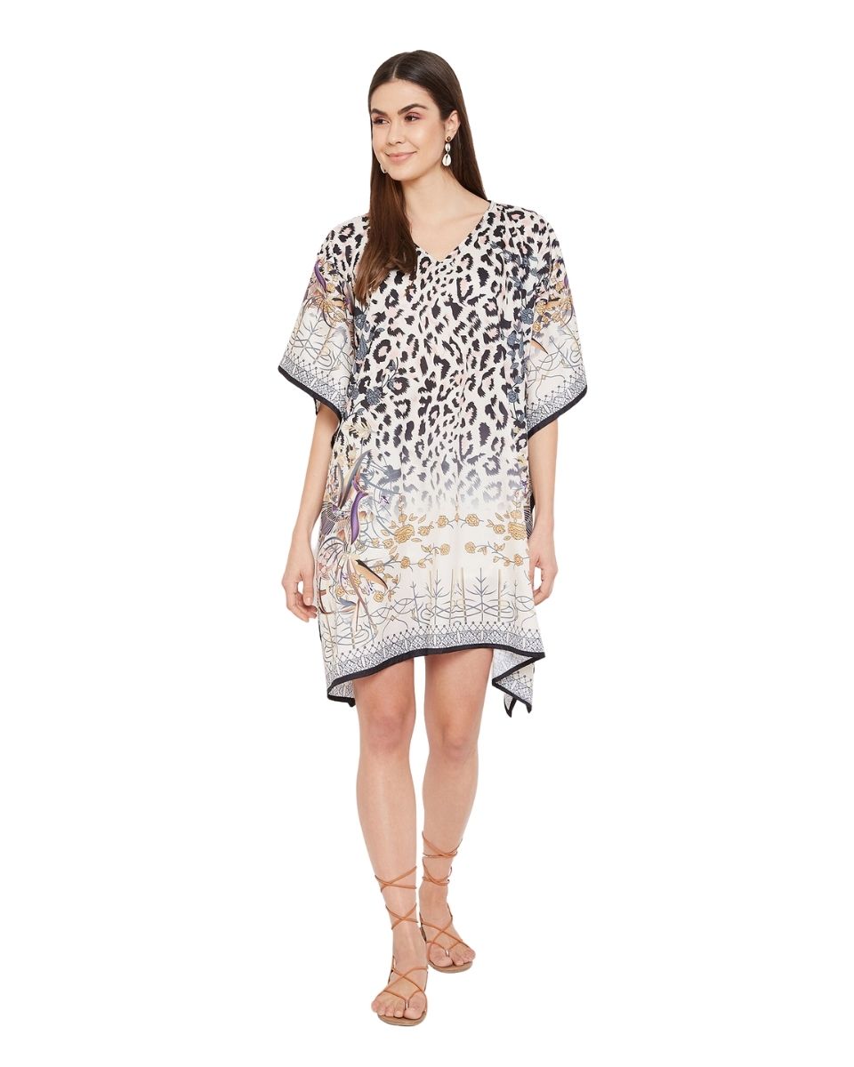 Animal And Floral Printed Black And White Polyester Tunic Top For Plus Size Women