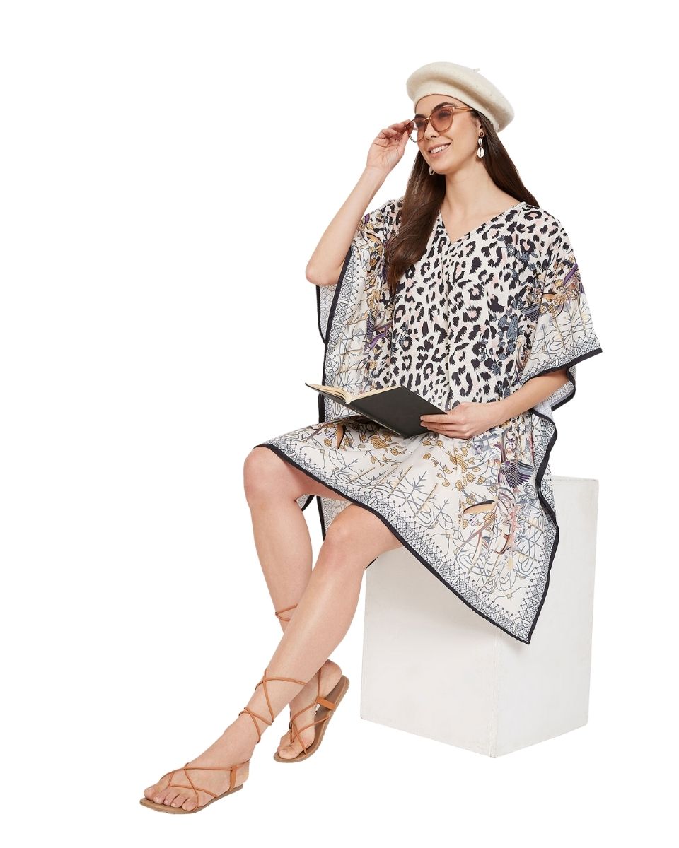 Animal And Floral Printed Black And White Polyester Tunic Top For Plus Size Women