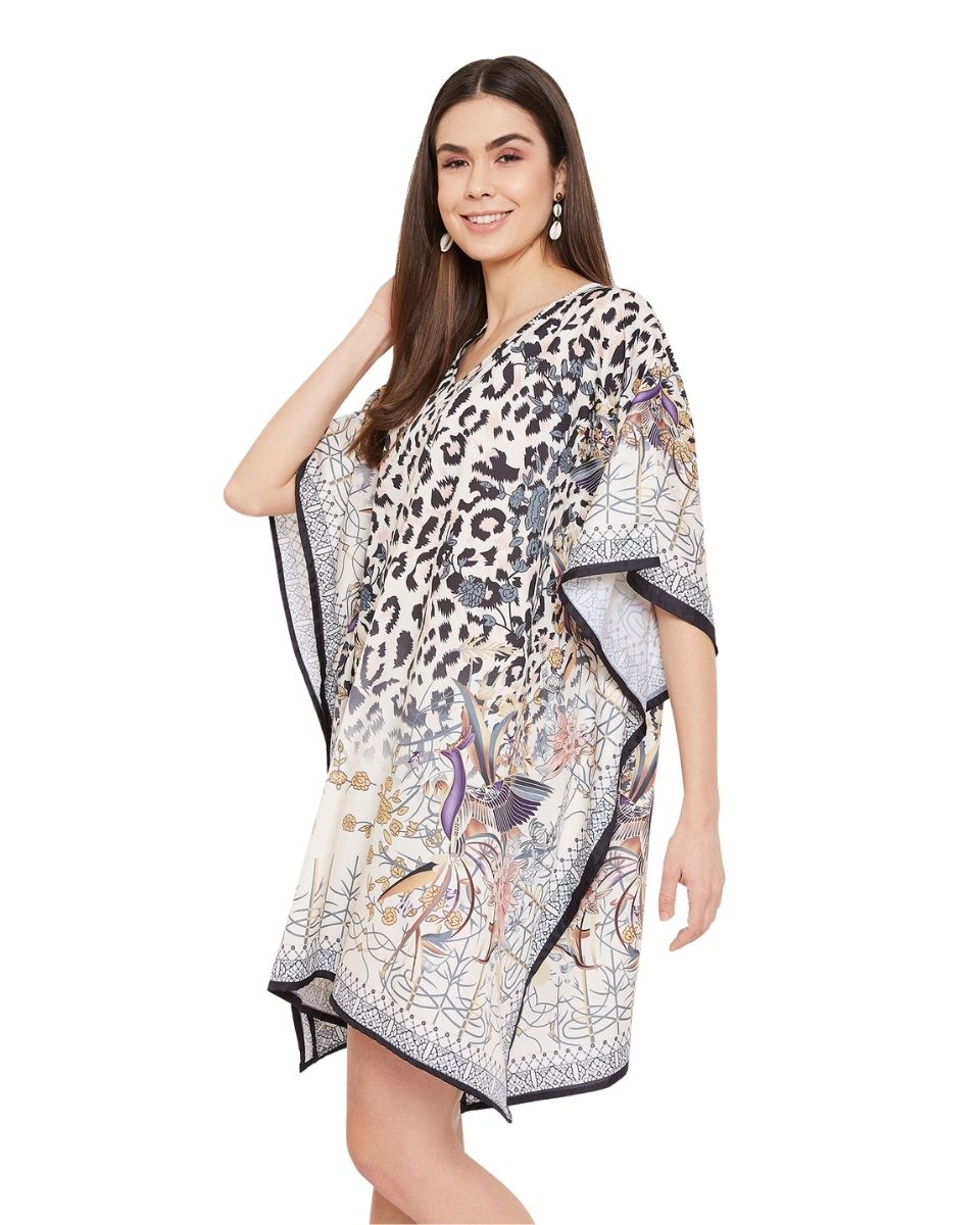 Animal And Floral Printed Black And White Polyester Tunic Top For Plus Size Women