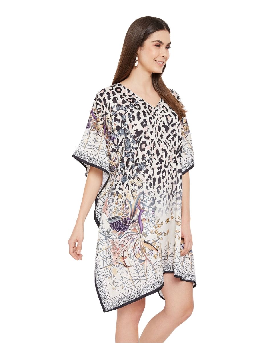 Animal And Floral Printed Black And White Polyester Tunic Top For Plus Size Women