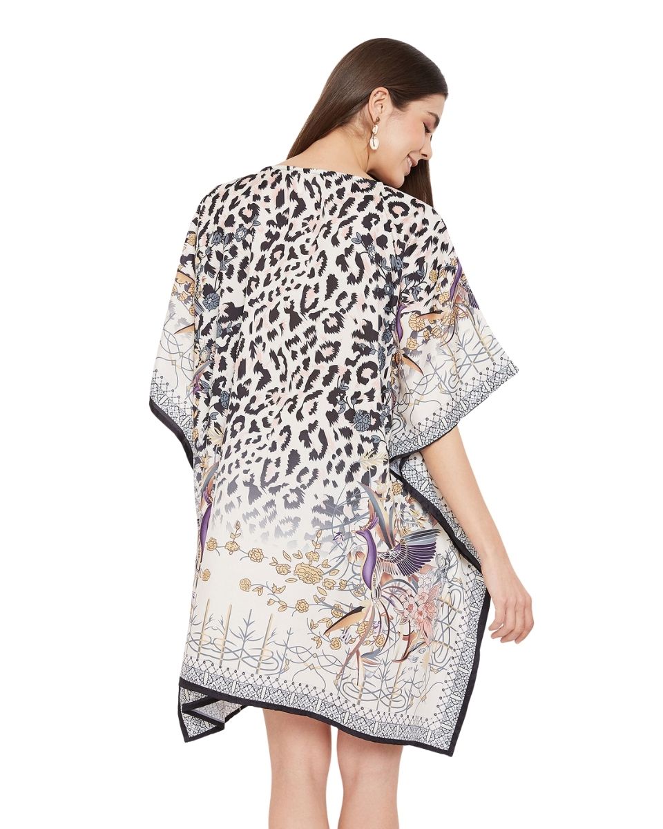 Animal And Floral Printed Black And White Polyester Tunic Top For Plus Size Women