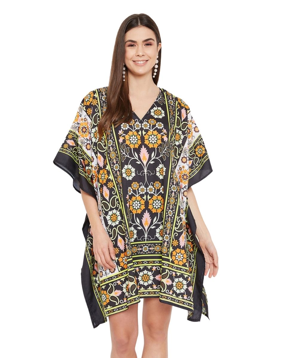 Floral Printed Black Polyester Tunic Plus Size Top For Women