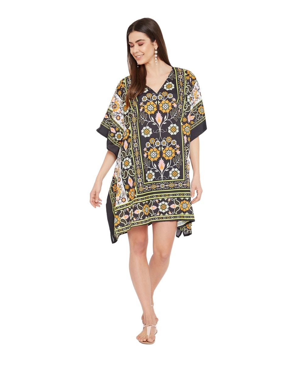 Floral Printed Black Polyester Tunic Plus Size Top For Women