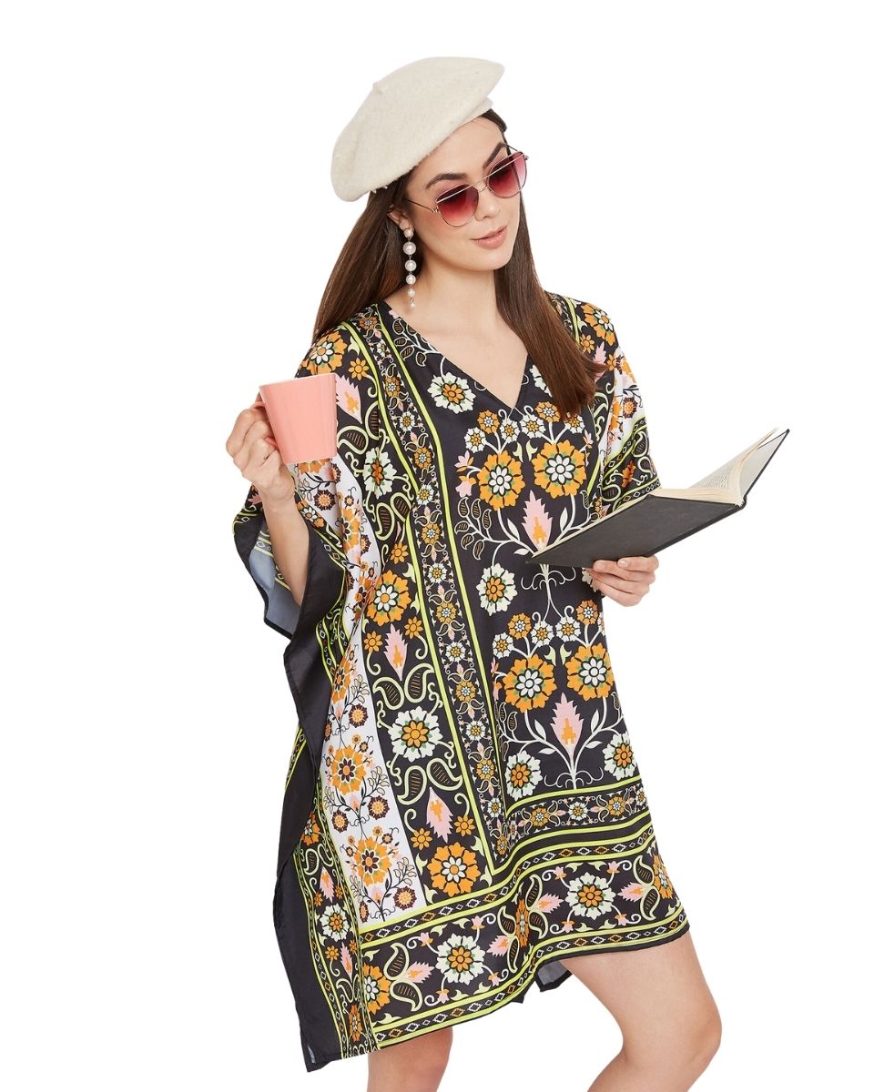 Floral Printed Black Polyester Tunic Plus Size Top For Women
