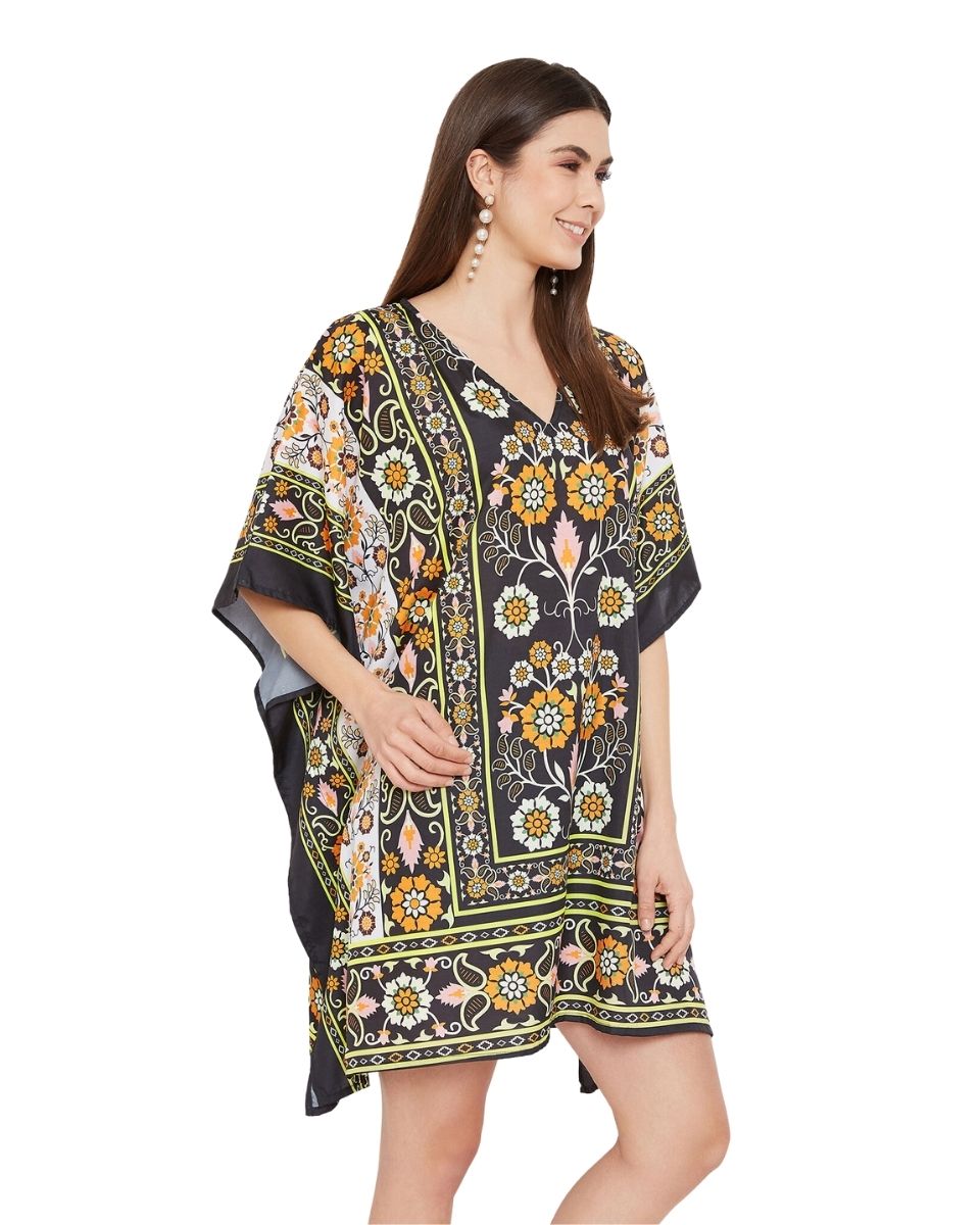 Floral Printed Black Polyester Tunic Plus Size Top For Women
