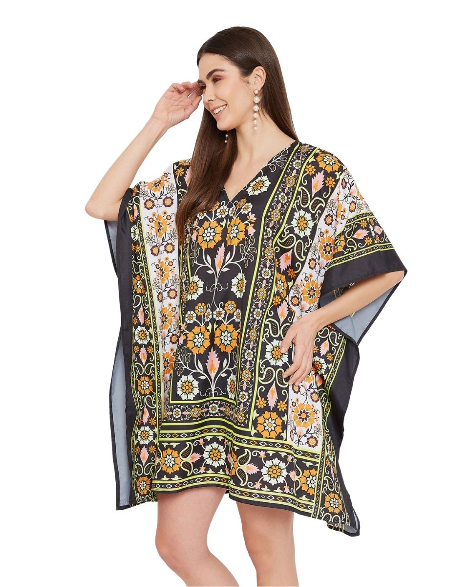 Floral Printed Black Polyester Tunic Plus Size Top For Women