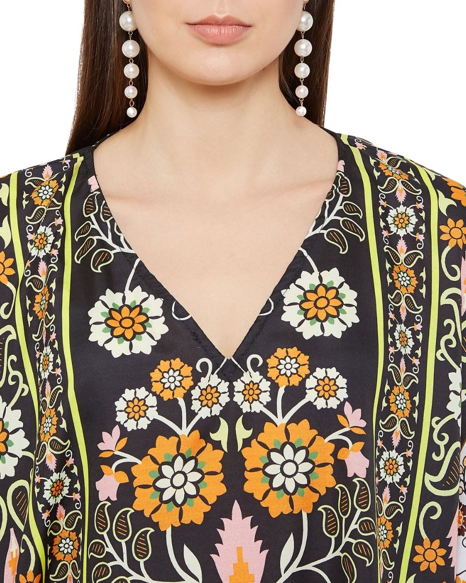 Floral Printed Black Polyester Tunic Plus Size Top For Women