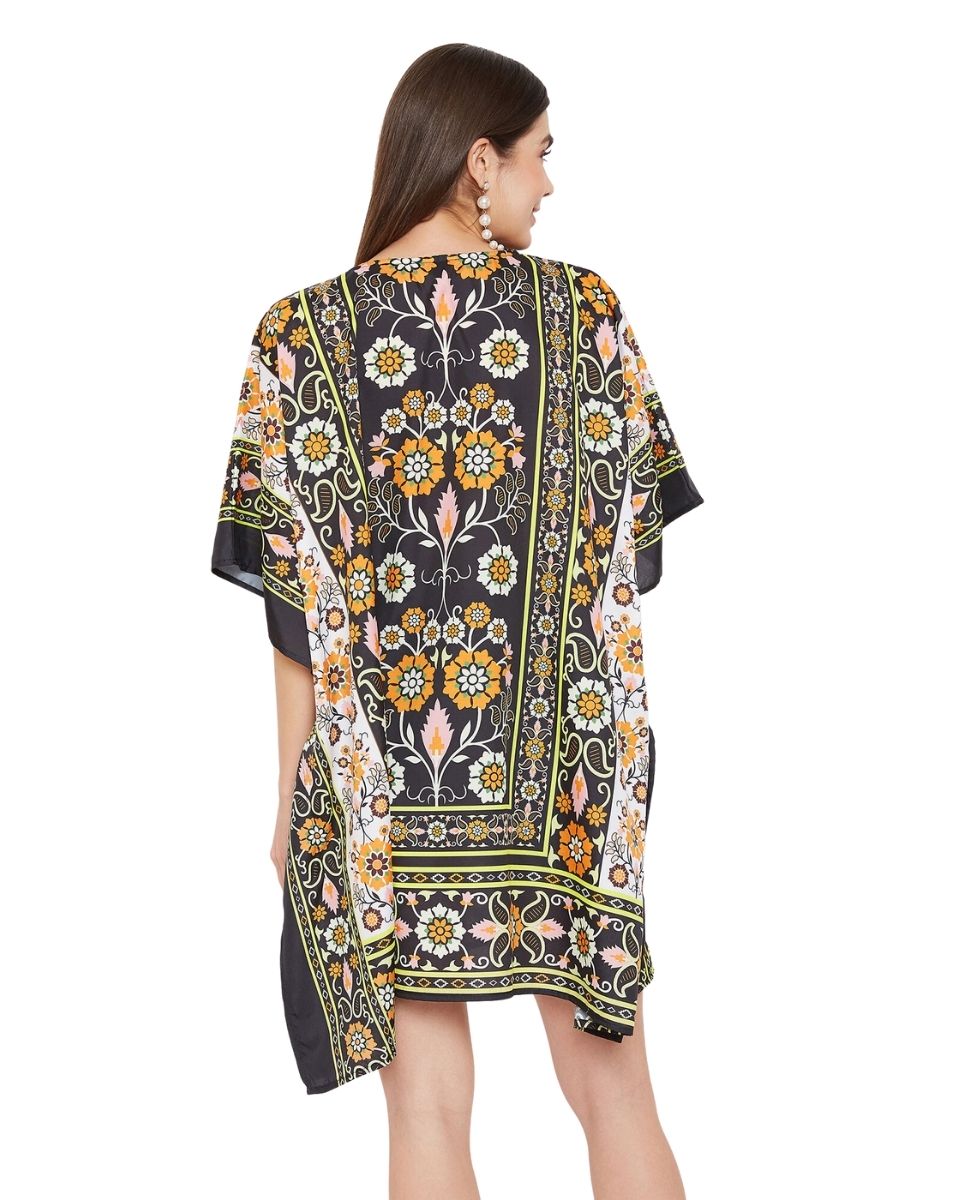 Floral Printed Black Polyester Tunic Plus Size Top For Women