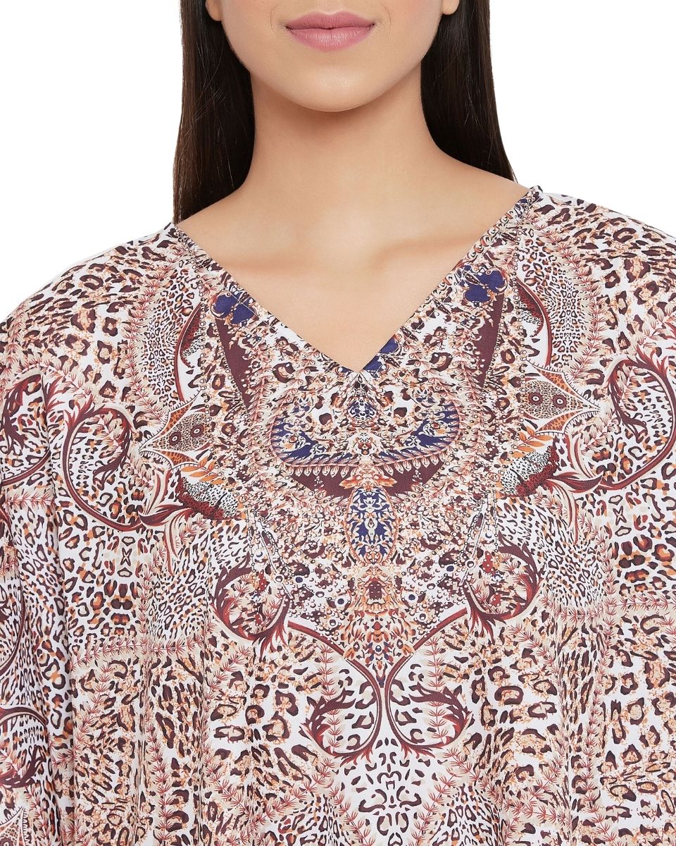 Animal Printed Brown Polyester Tunic Top for Women