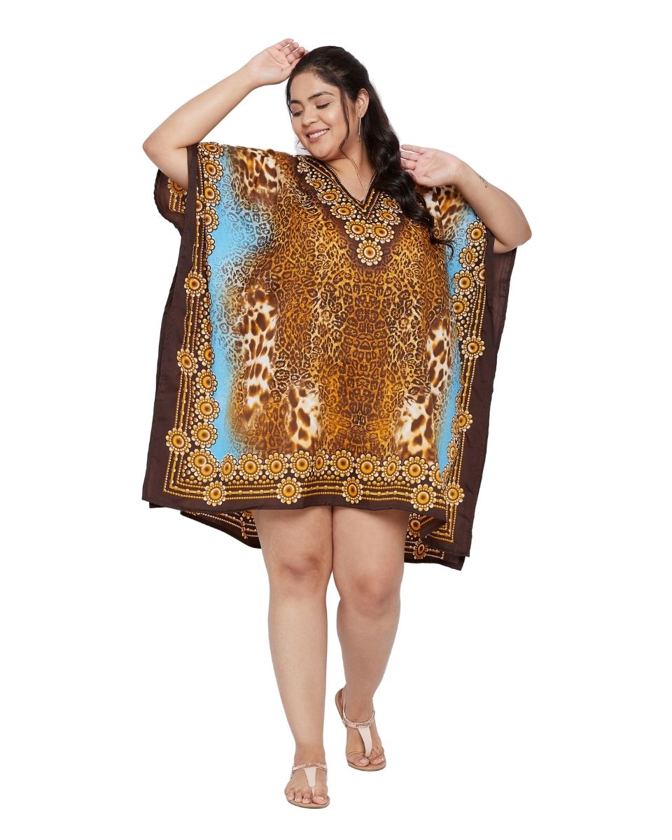 Leopard Brown Polyester Plus Size Short Caftan Beach Coverup for Women
