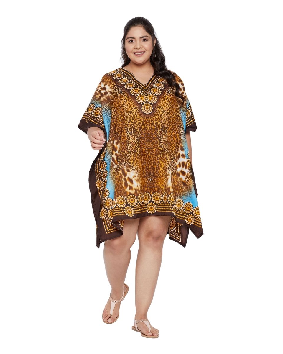 Leopard Brown Polyester Plus Size Short Caftan Beach Coverup for Women