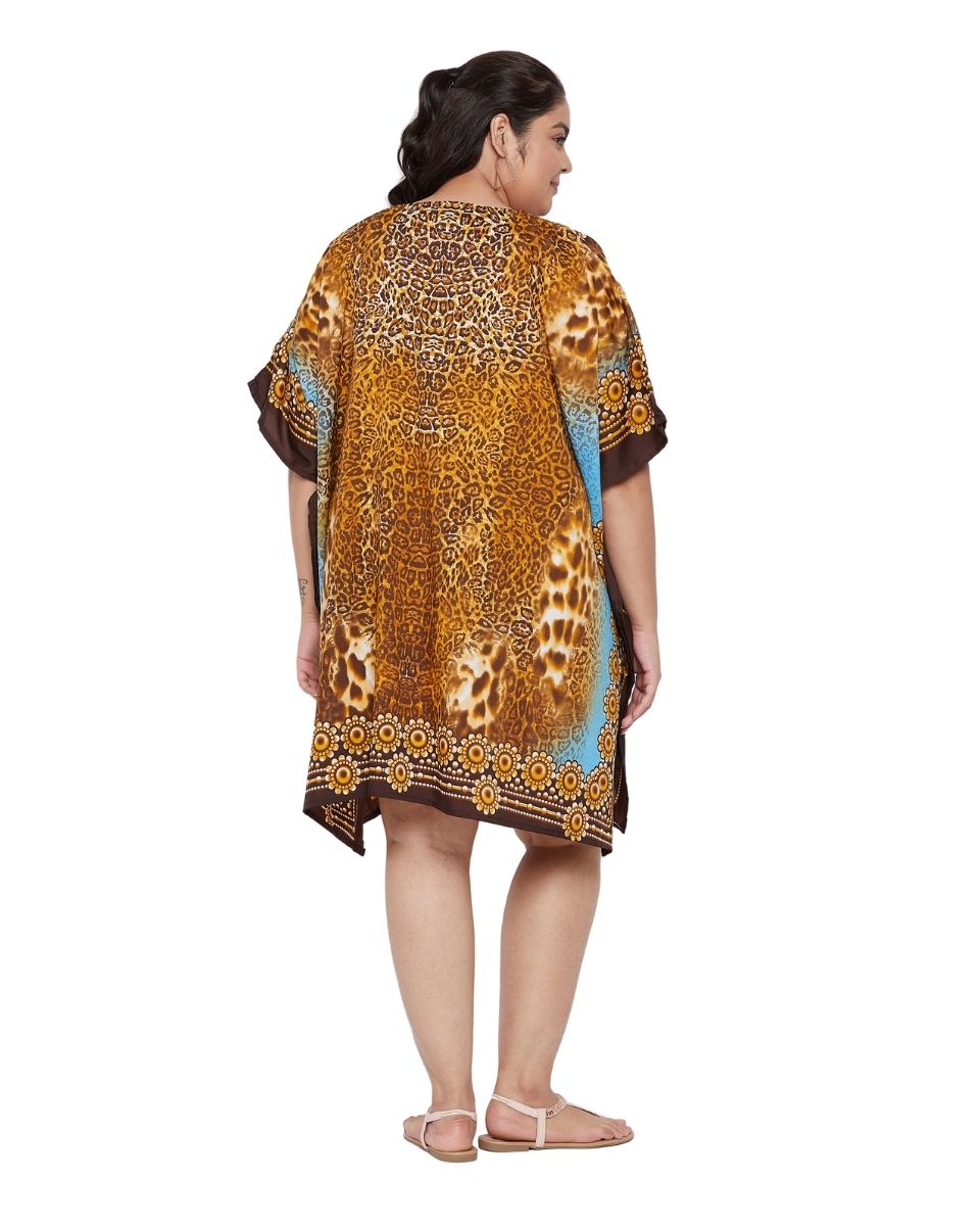 Leopard Brown Polyester Plus Size Short Caftan Beach Coverup for Women