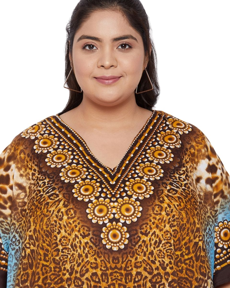 Leopard Brown Polyester Plus Size Short Caftan Beach Coverup for Women