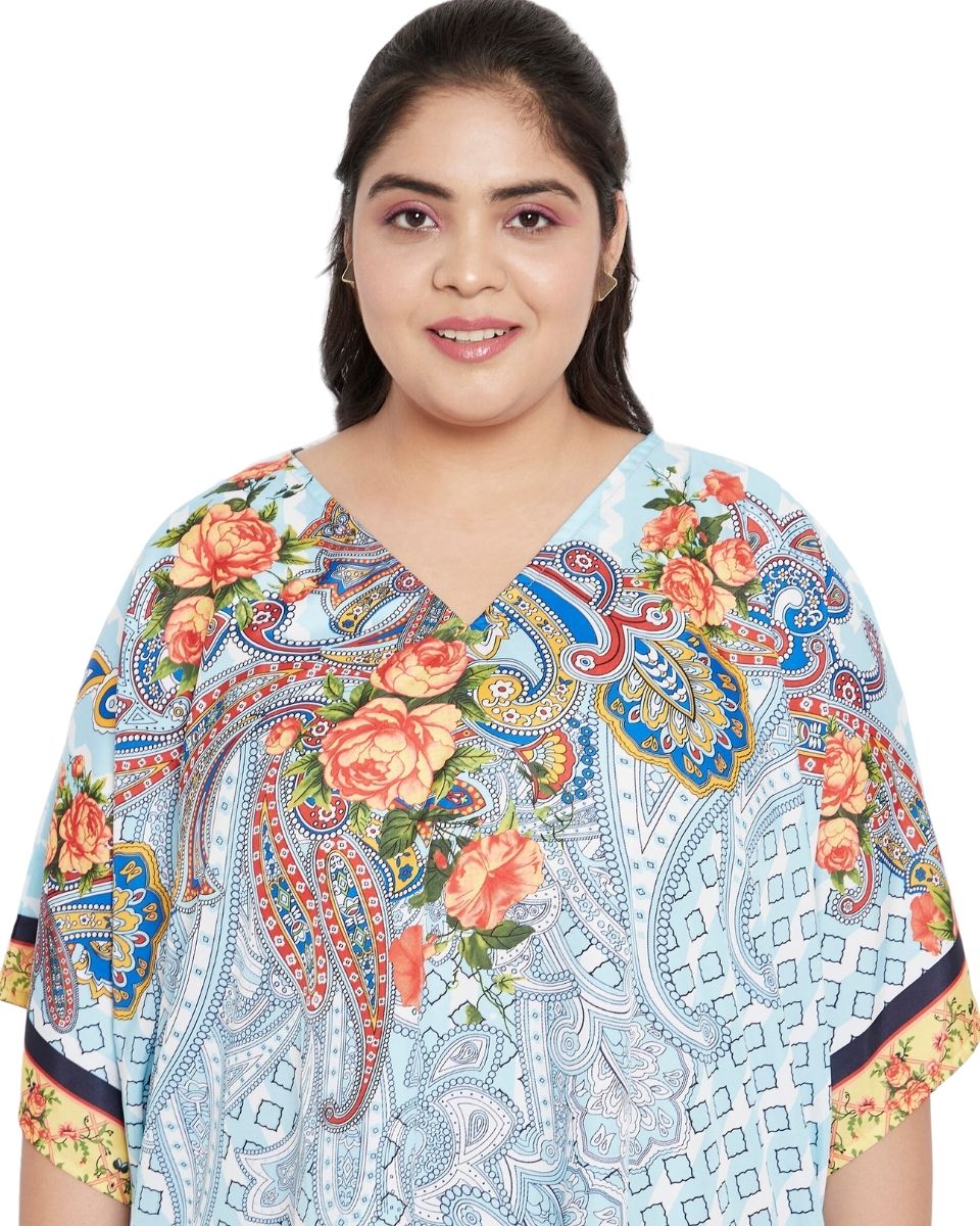 Floral Printed Sky Blue Polyester Plus Size Tunic Top For Women