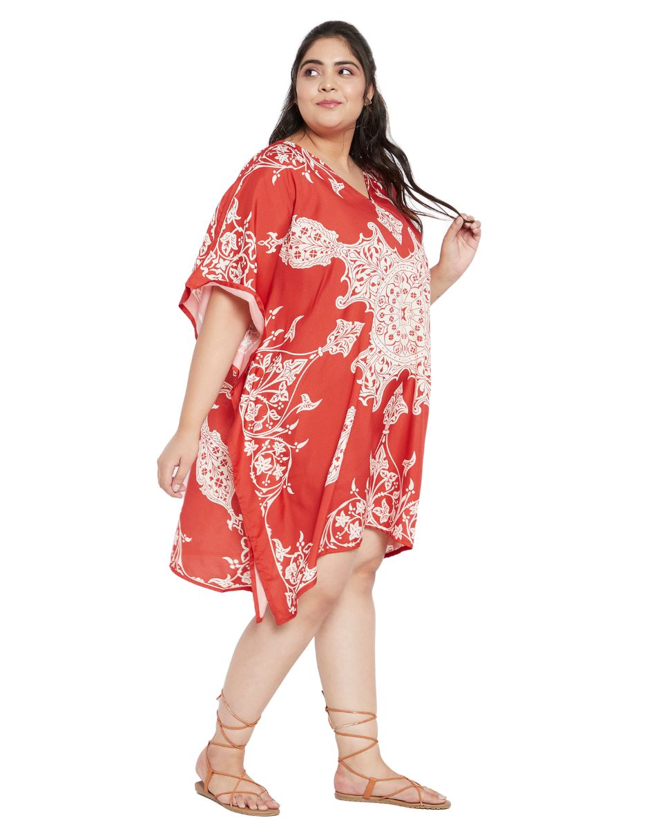 Floral Printed Red Polyester Tunic Plus Size Top Dress For Women