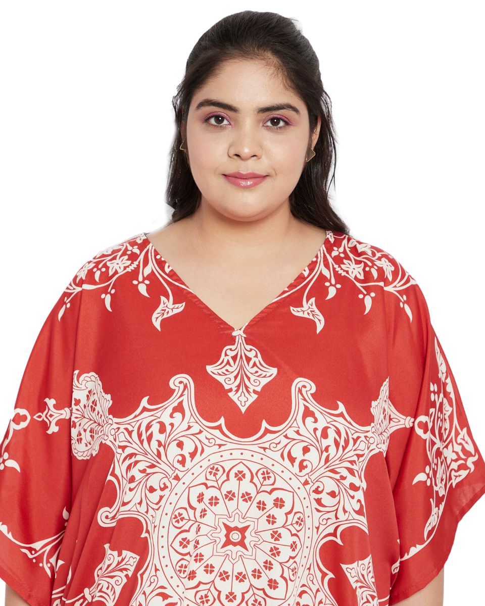 Floral Printed Red Polyester Tunic Plus Size Top Dress For Women
