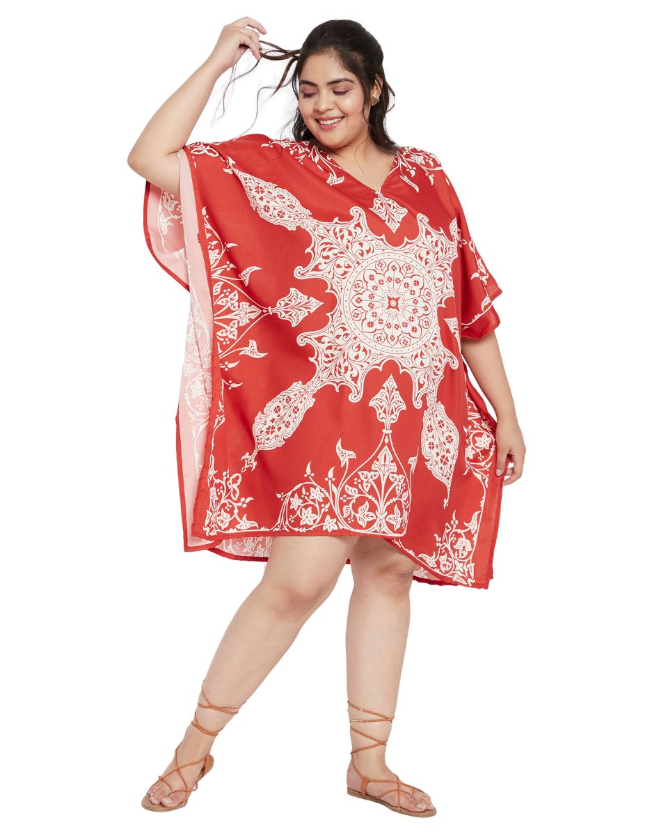 Floral Printed Red Polyester Tunic Plus Size Top Dress For Women