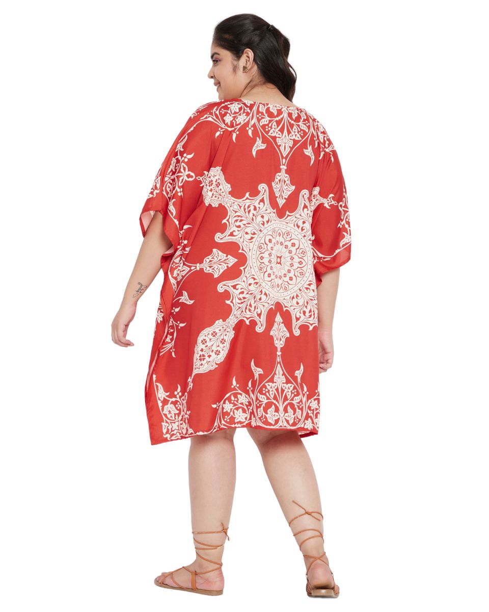 Floral Printed Red Polyester Tunic Plus Size Top Dress For Women