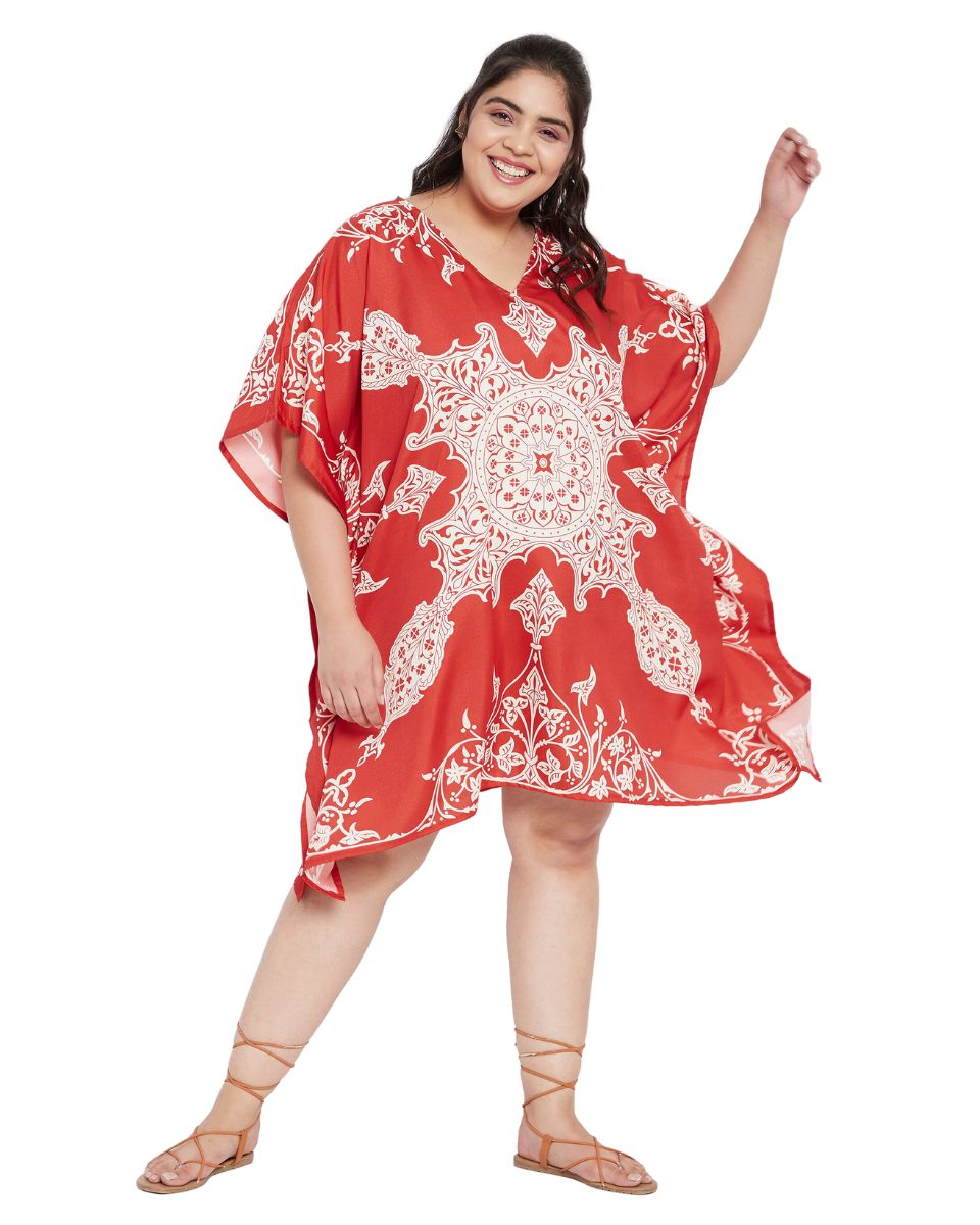 Floral Printed Red Polyester Tunic Plus Size Top Dress For Women